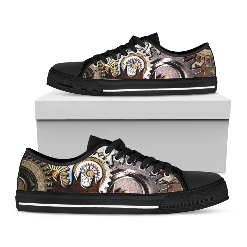 Steampunk Gears And Cogs Print Black Low Top Sneakers