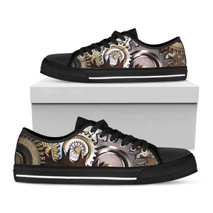 Steampunk Gears And Cogs Print Black Low Top Sneakers