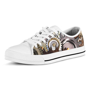 Steampunk Gears And Cogs Print White Low Top Sneakers