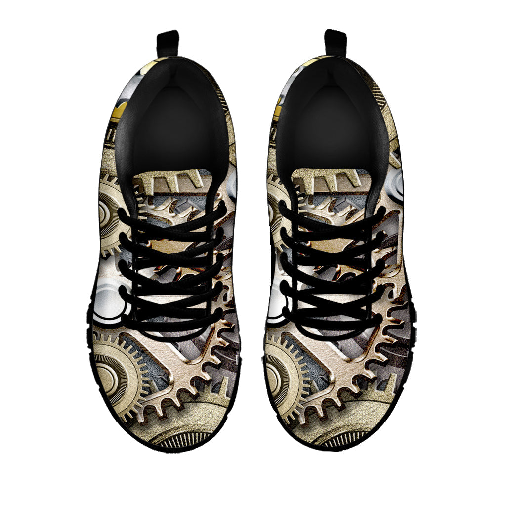 Steampunk Metallic Gears Print Black Running Shoes