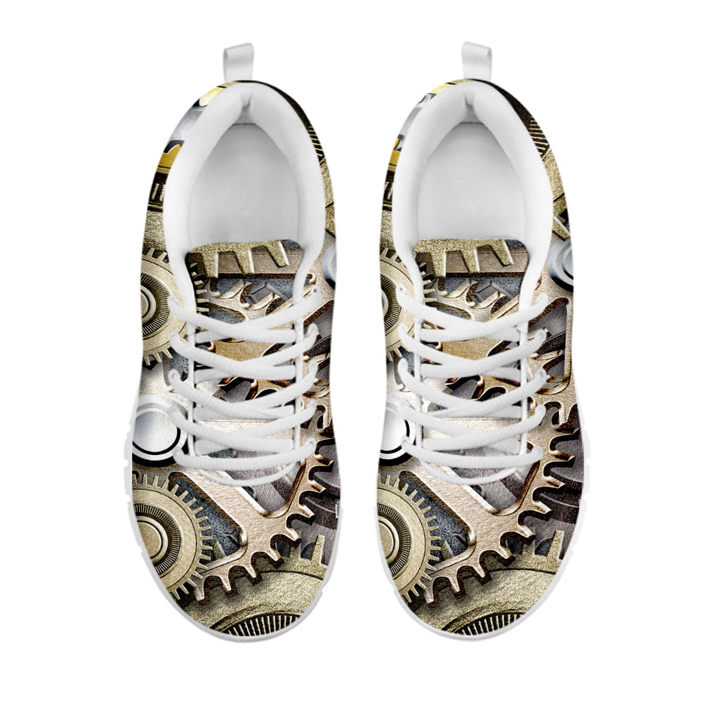 Steampunk Metallic Gears Print White Running Shoes