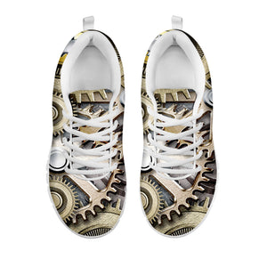 Steampunk Metallic Gears Print White Running Shoes