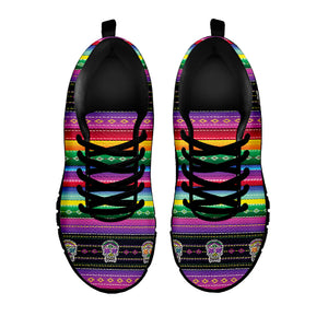 Sugar Skull Mexican Serape Pattern Print Black Running Shoes