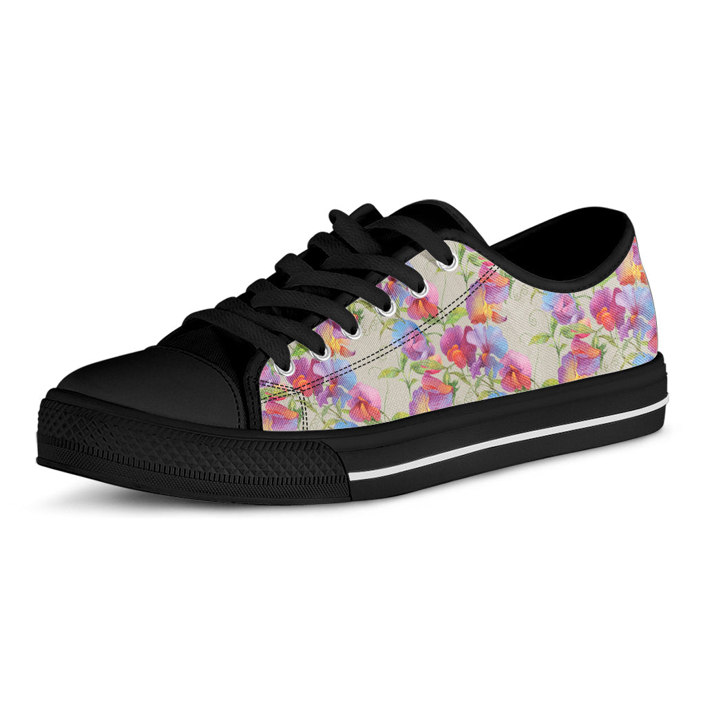 Sweet Pea Flower Pattern Print Black Low Top Sneakers