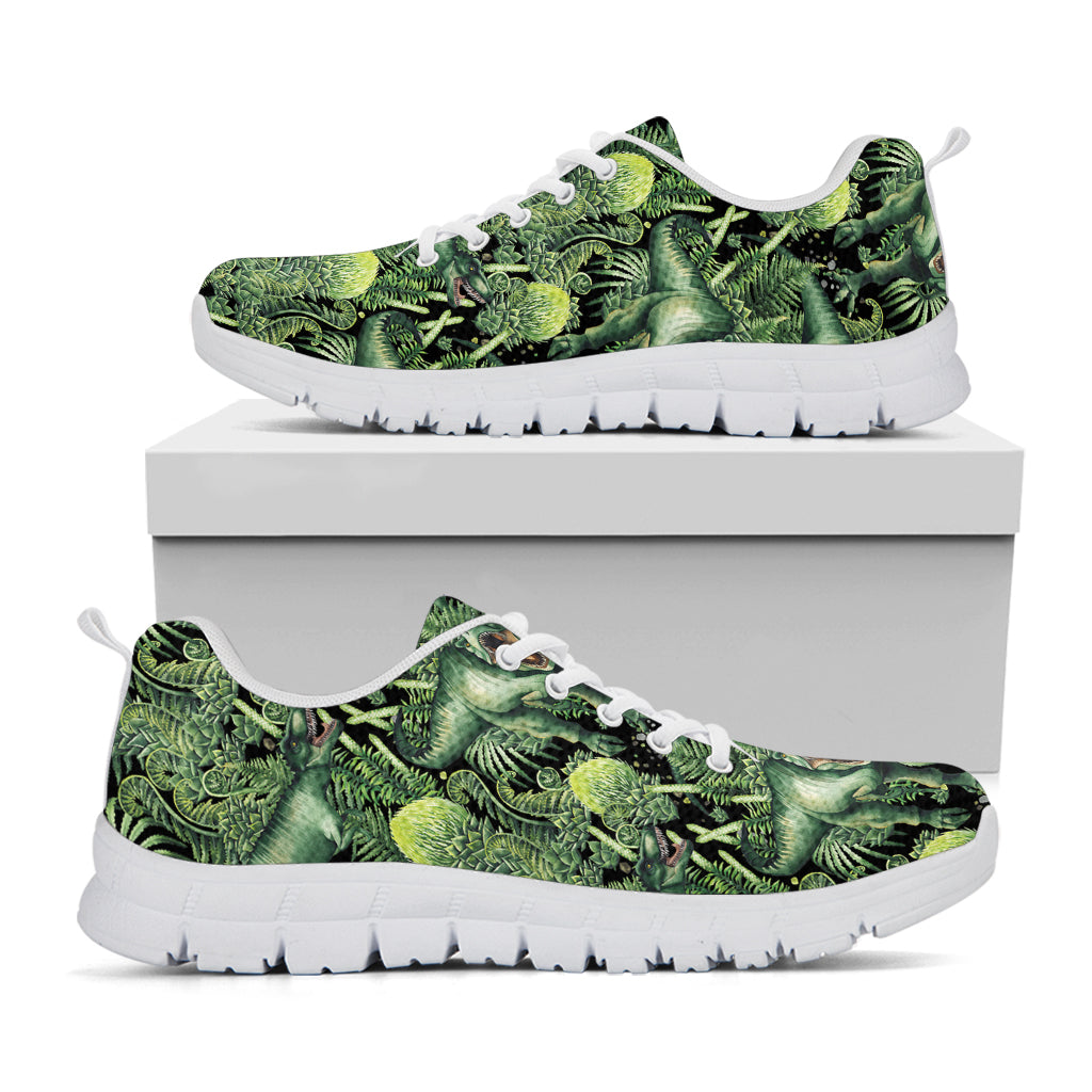 T-Rex Dinosaur And Jurassic Plants Print White Running Shoes