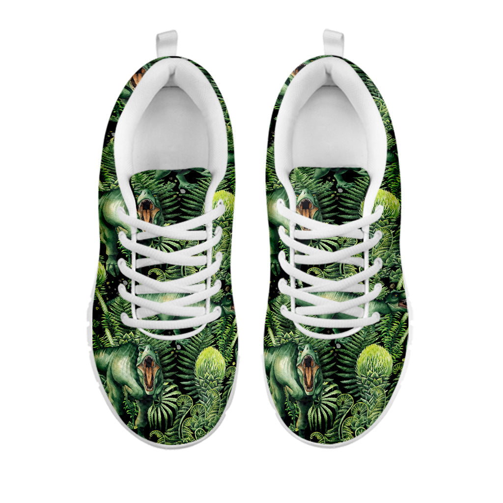 T-Rex Dinosaur And Jurassic Plants Print White Running Shoes