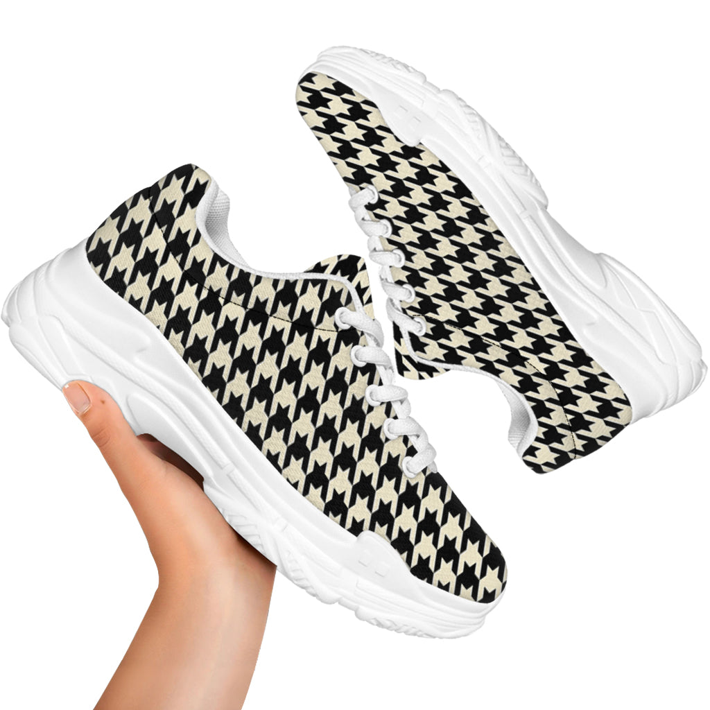 Tan And Black Houndstooth Pattern Print White Chunky Shoes