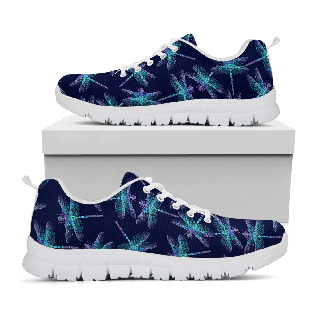 Teal And Purple Dragonfly Pattern Print White Running Shoes