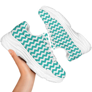 Teal And White Chevron Pattern Print White Chunky Shoes