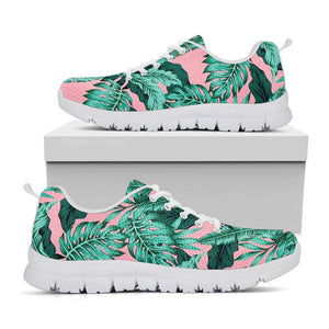 Teal Banana Leaves Pattern Print White Running Shoes