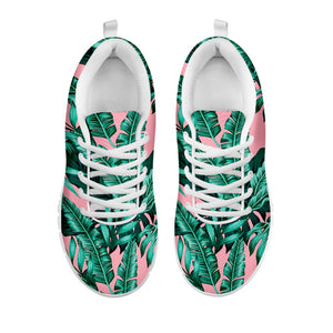 Teal Banana Leaves Pattern Print White Running Shoes
