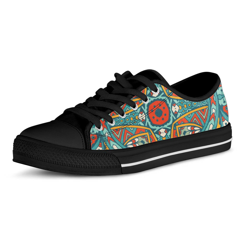 Teal Bohemian Mandala Pattern Print Black Low Top Sneakers
