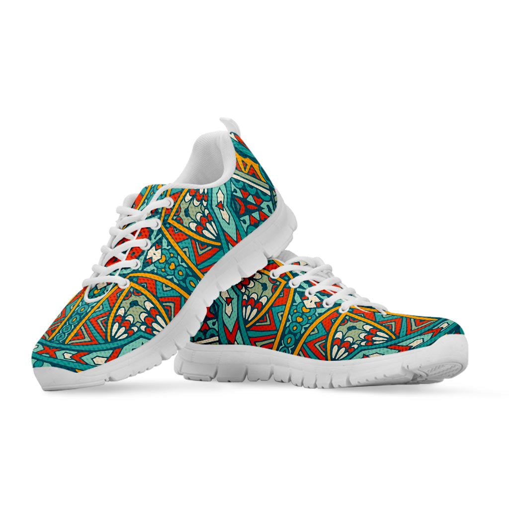 Teal Bohemian Mandala Pattern Print White Running Shoes