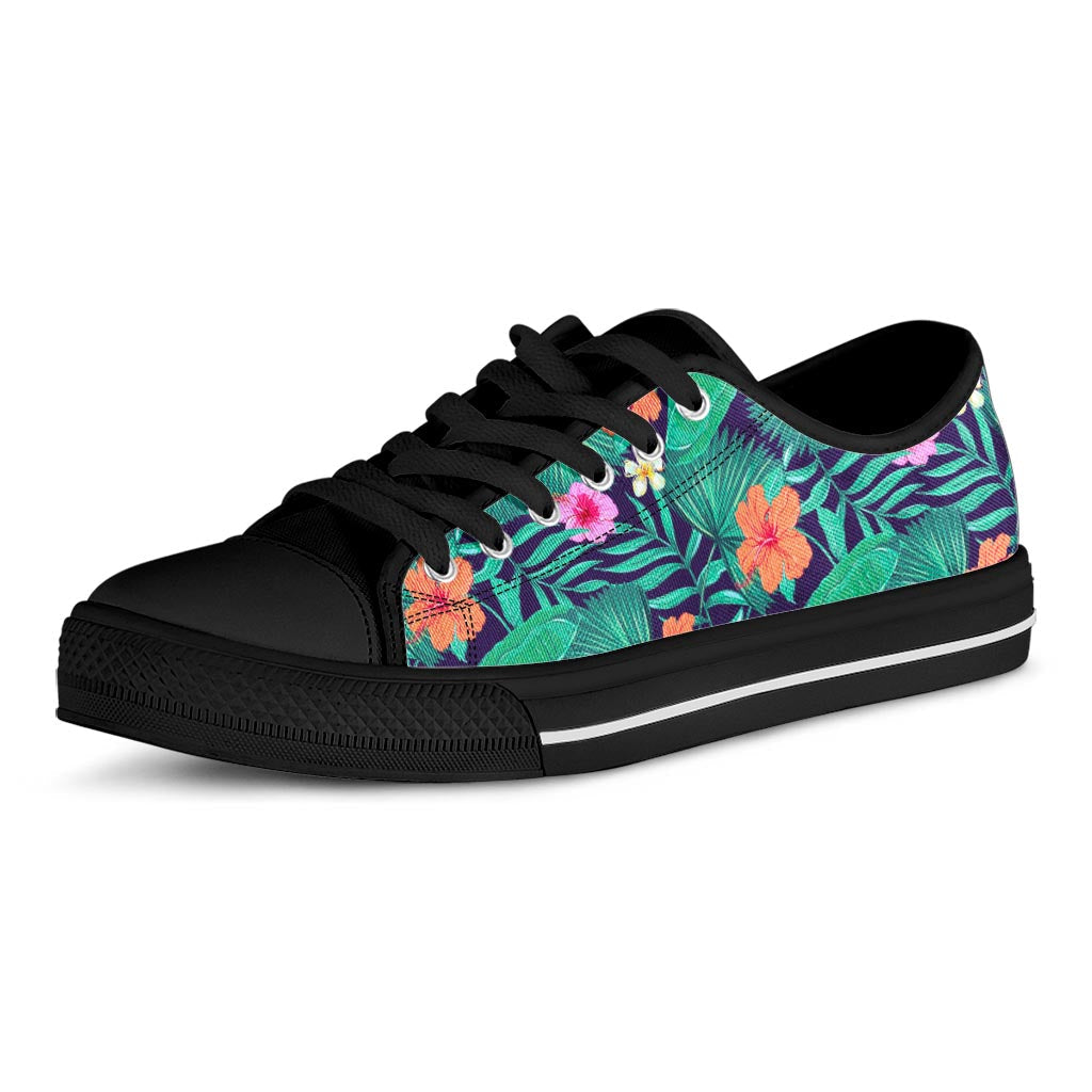Teal Hawaiian Leaf Flower Pattern Print Black Low Top Sneakers