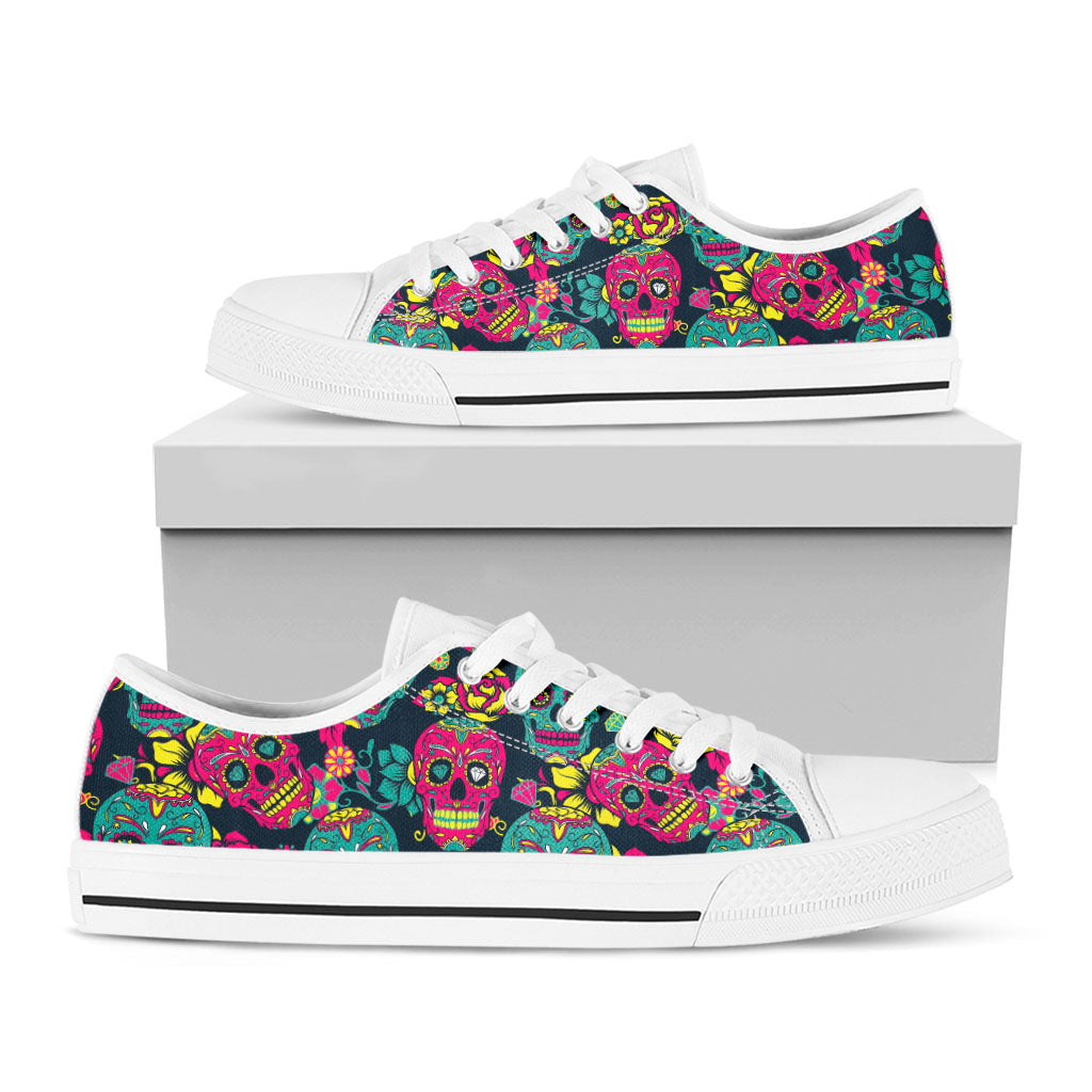 Teal Pink Sugar Skull Pattern Print White Low Top Sneakers