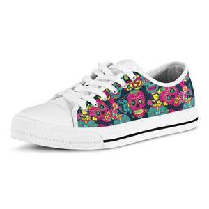 Teal Pink Sugar Skull Pattern Print White Low Top Sneakers