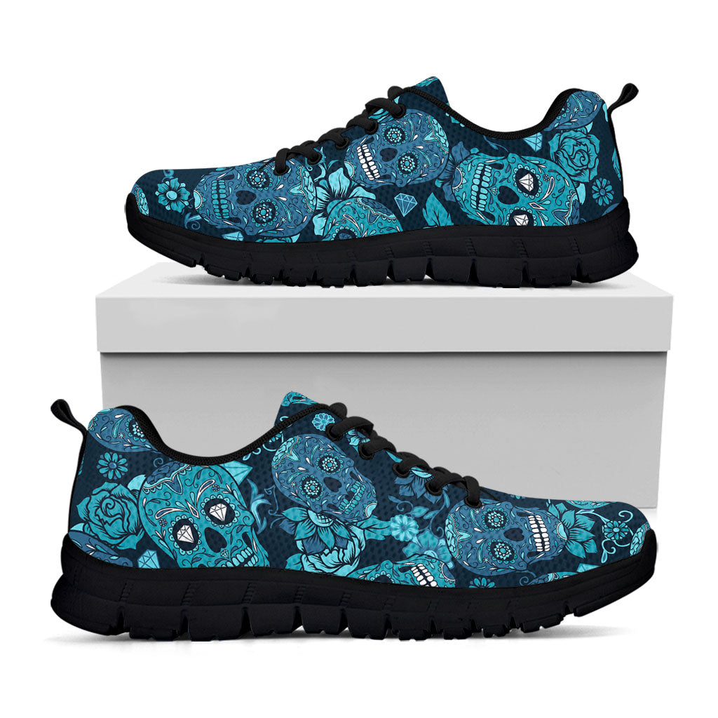 Teal Sugar Skull Flower Pattern Print Black Running Shoes