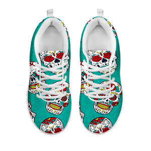Teal Sugar Skull Pattern Print White Running Shoes