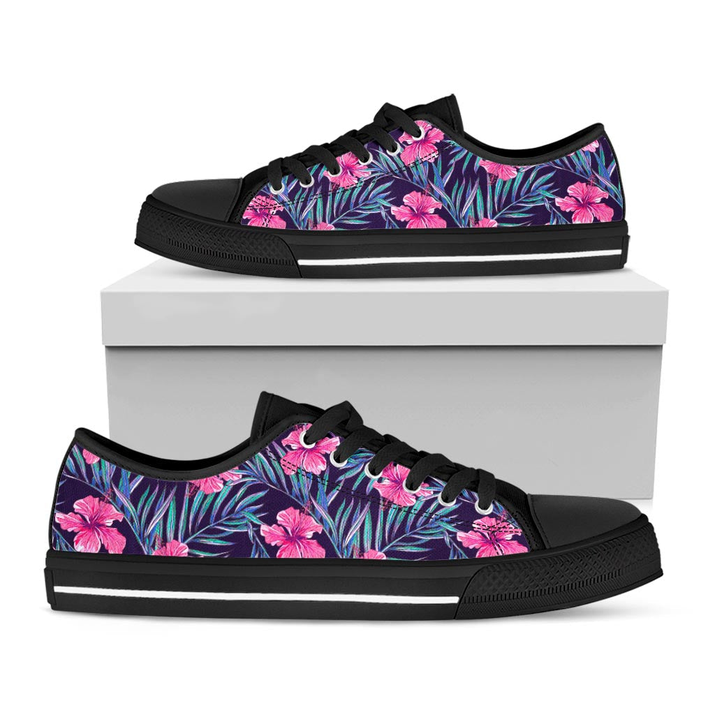 Teal Tropical Hibiscus Pattern Print Black Low Top Sneakers