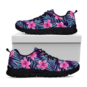 Teal Tropical Hibiscus Pattern Print Black Running Shoes
