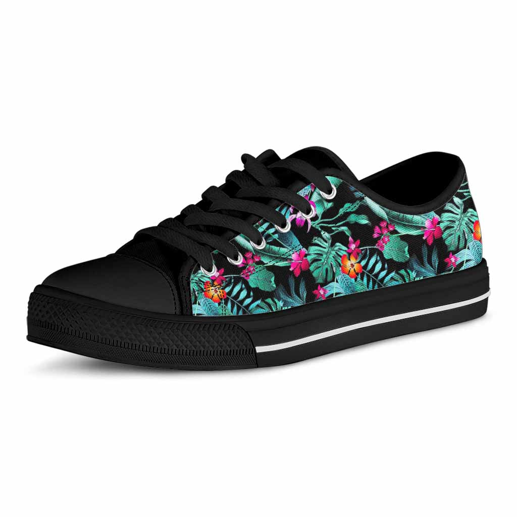 Teal Tropical Leaf Hawaii Pattern Print Black Low Top Sneakers