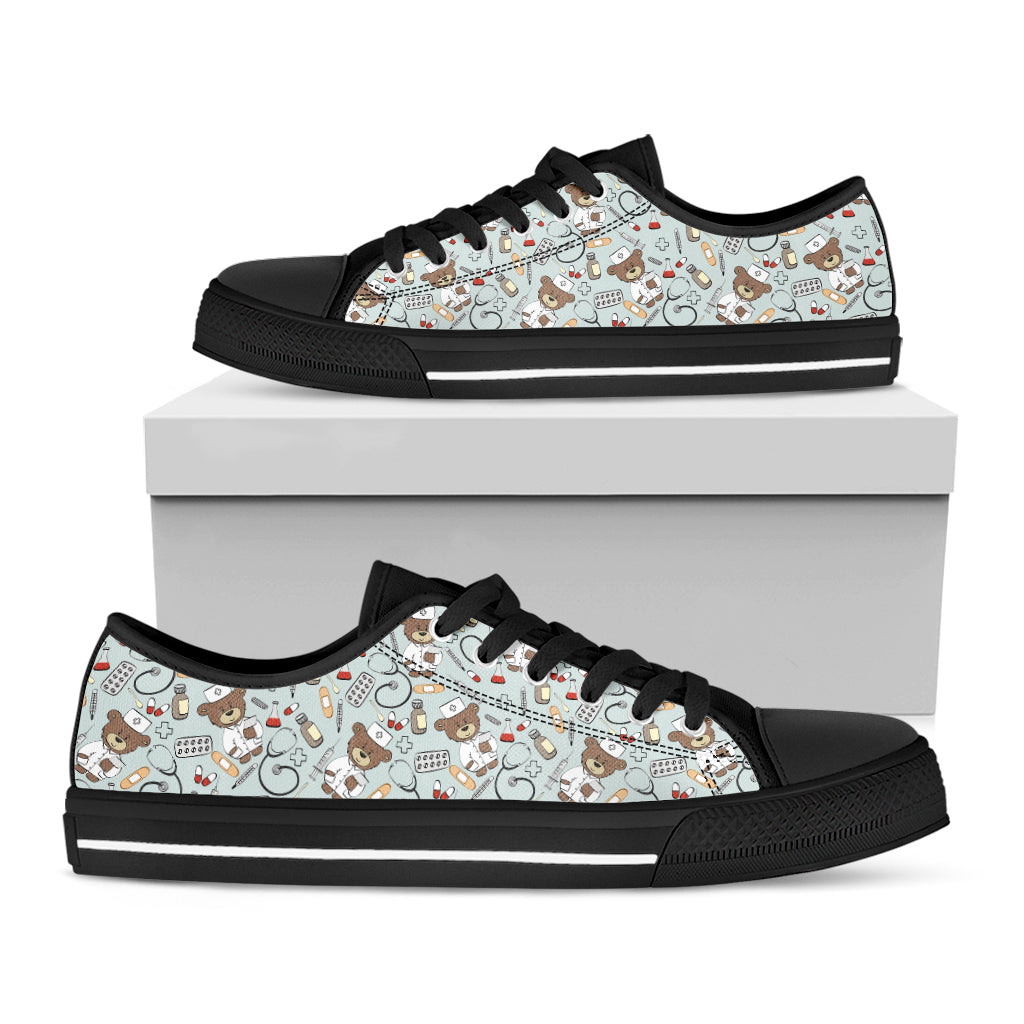 Teddy Bear Doctor Pattern Print Black Low Top Sneakers