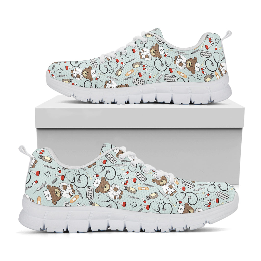 Teddy Bear Doctor Pattern Print White Running Shoes