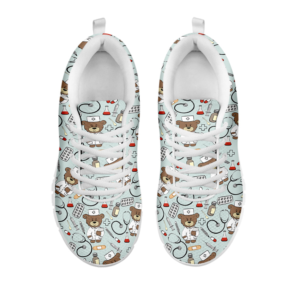 Teddy Bear Doctor Pattern Print White Running Shoes