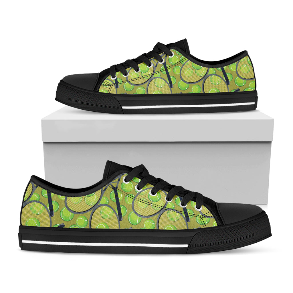 Tennis Ball And Racket Pattern Print Black Low Top Sneakers
