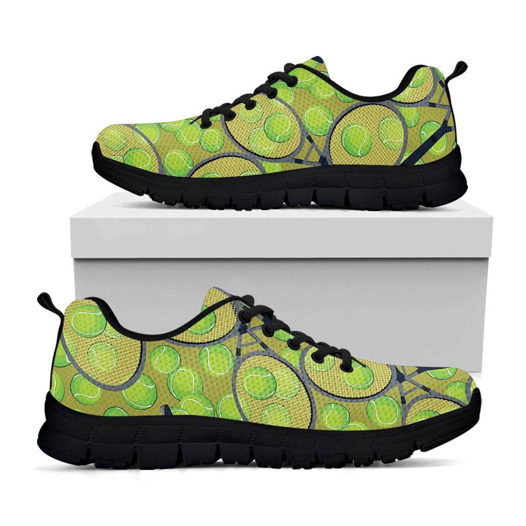 Tennis Ball And Racket Pattern Print Black Running Shoes