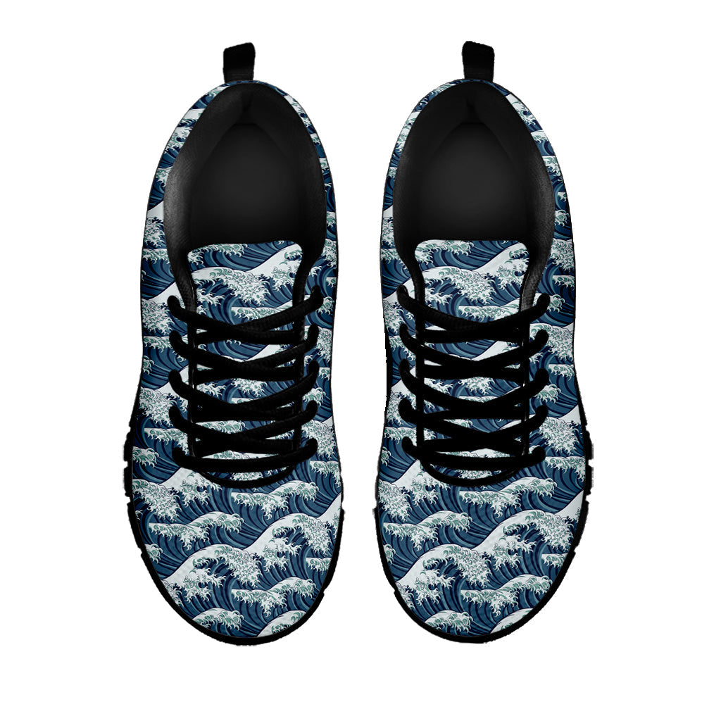 The Great Kanagawa Wave Pattern Print Black Running Shoes