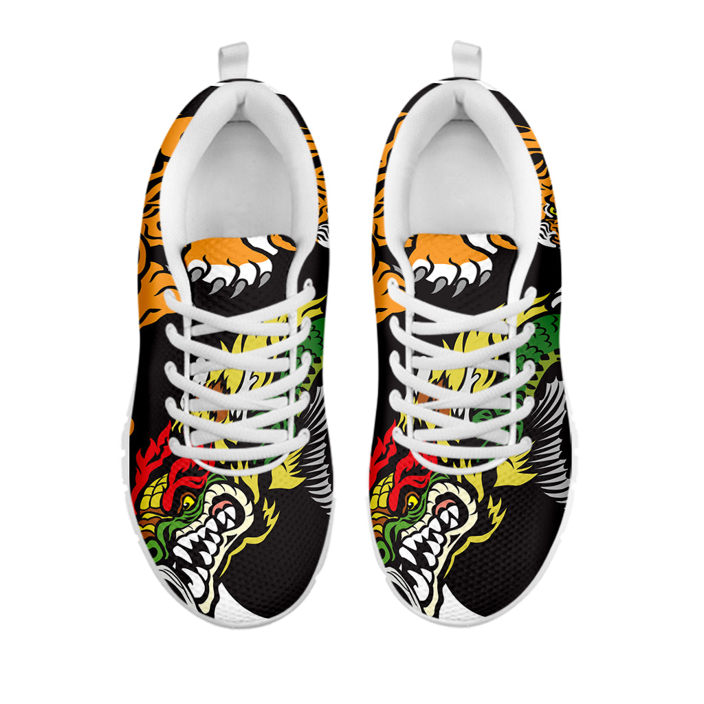 Tiger And Dragon Yin Yang Print White Running Shoes