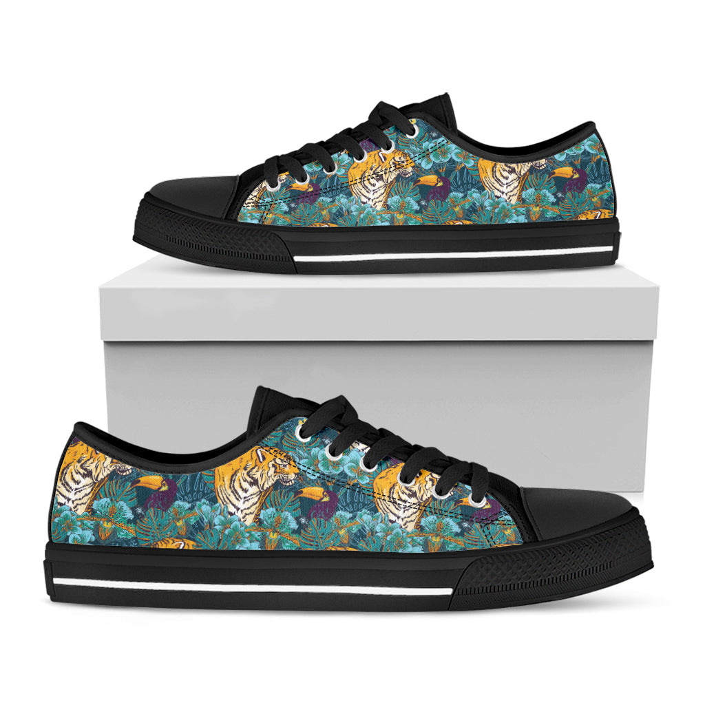Tiger And Toucan Pattern Print Black Low Top Sneakers