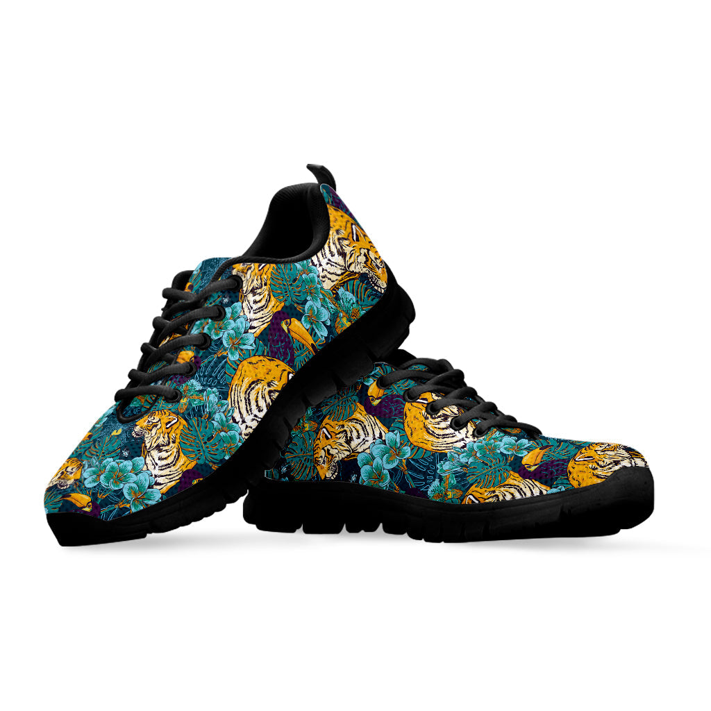 Tiger And Toucan Pattern Print Black Running Shoes