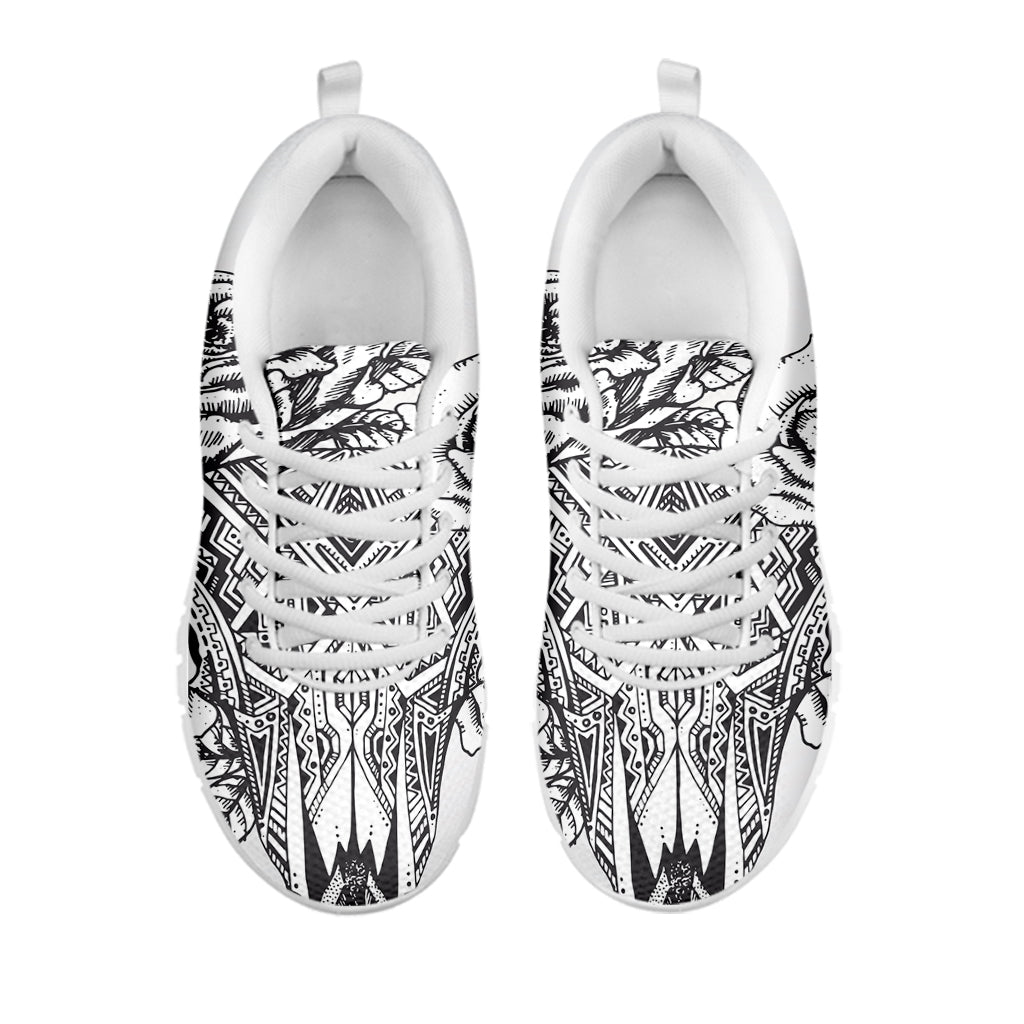 Tribal Indian Bull Skull Print White Running Shoes