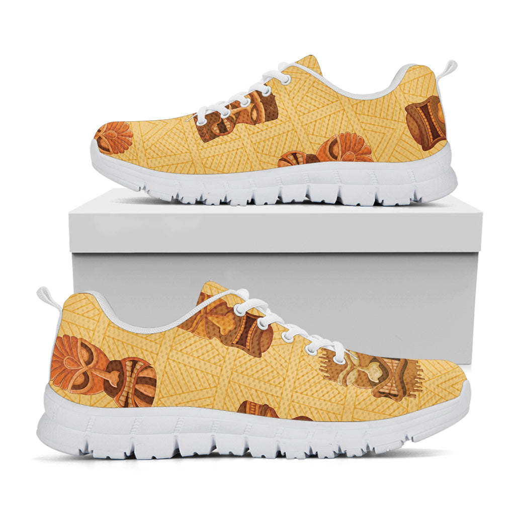 Tribal Tiki Mask Pattern Print White Running Shoes