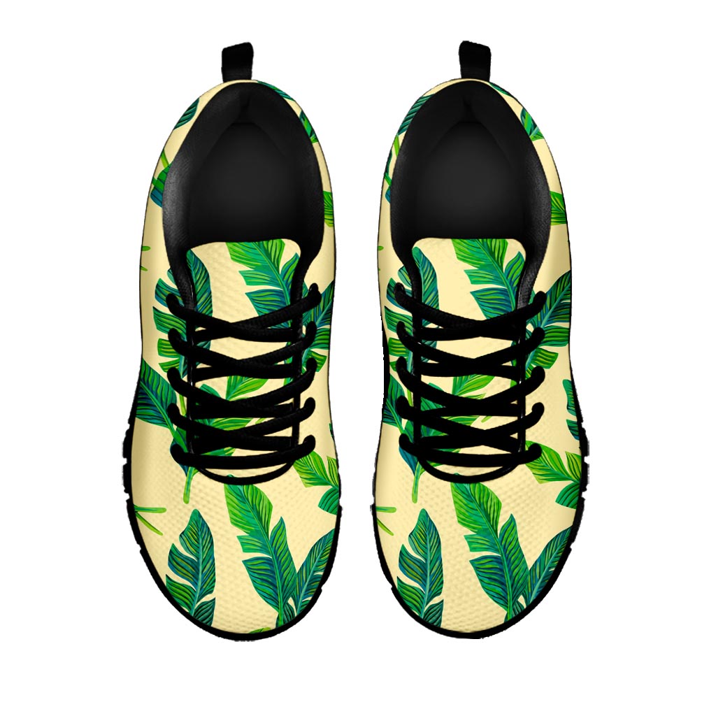 Tropical Banana Palm Leaf Pattern Print Black Running Shoes