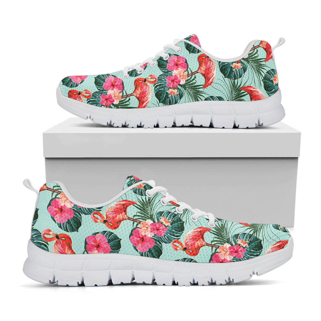 Tropical Floral Flamingo Pattern Print White Running Shoes