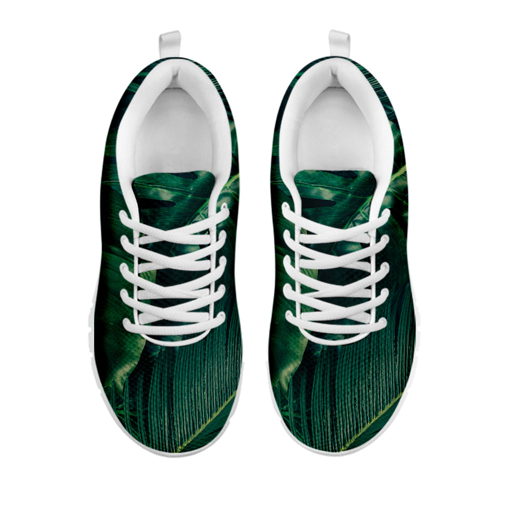 Tropical Green Leaves Print White Running Shoes