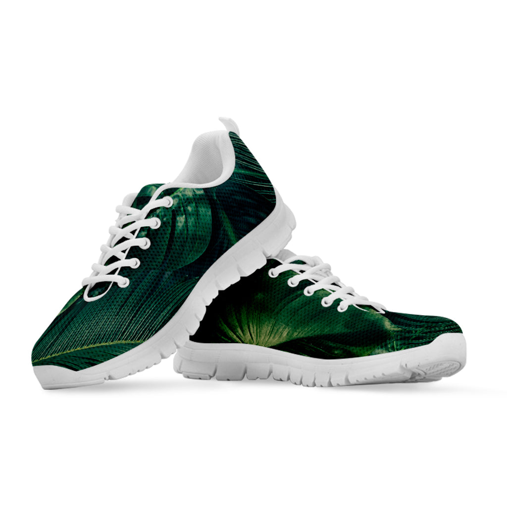 Tropical Green Leaves Print White Running Shoes