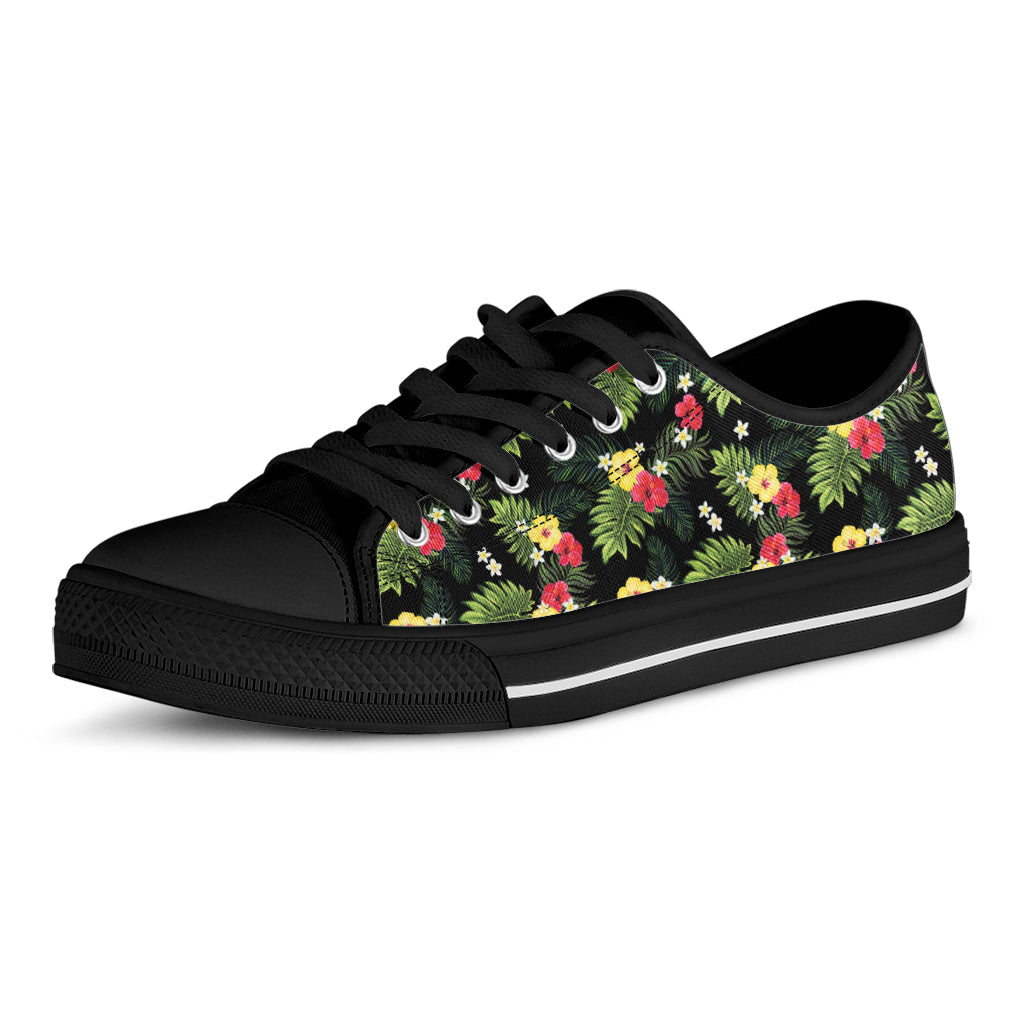 Tropical Hibiscus Aloha Pattern Print Black Low Top Sneakers