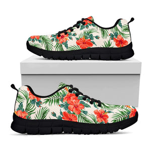 Tropical Hibiscus Blossom Pattern Print Black Running Shoes