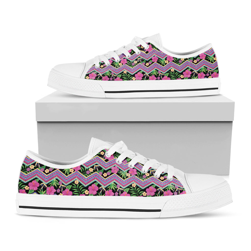 Tropical Hibiscus Flowers Aztec Print White Low Top Sneakers