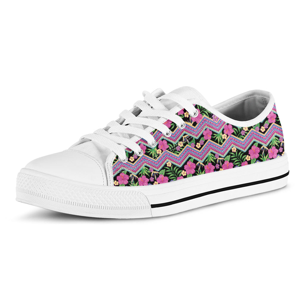 Tropical Hibiscus Flowers Aztec Print White Low Top Sneakers
