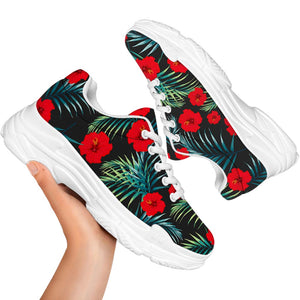 Tropical Hibiscus Leaves Pattern Print White Chunky Shoes
