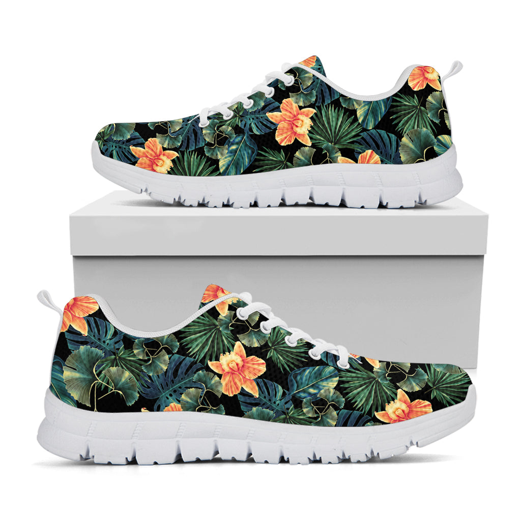 Tropical Leaf And Hawaiian Flower Print White Running Shoes