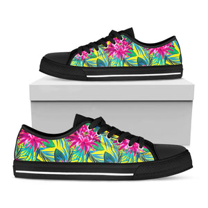 Tropical Lotus Pattern Print Black Low Top Sneakers