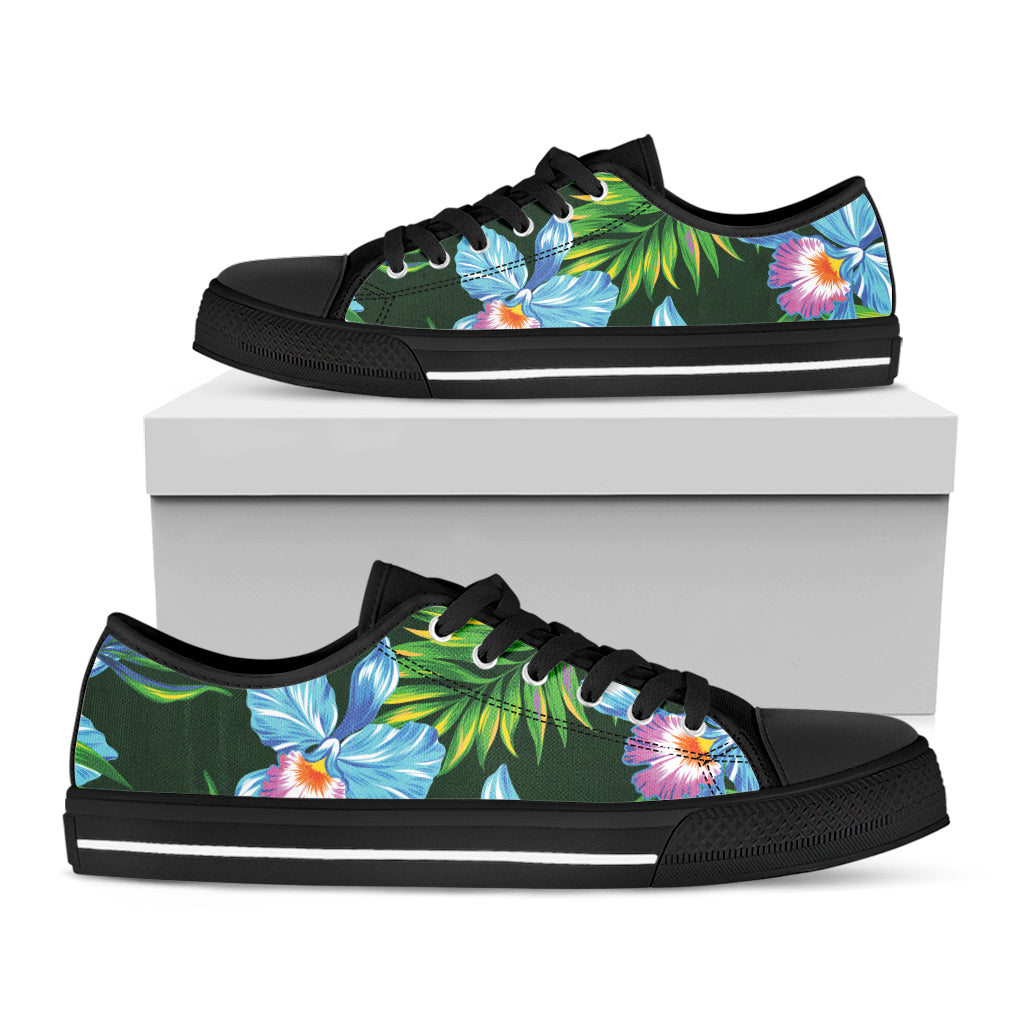 Tropical Orchid Flower Pattern Print Black Low Top Sneakers
