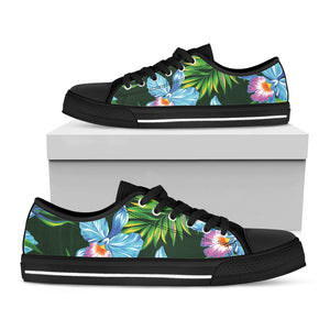 Tropical Orchid Flower Pattern Print Black Low Top Sneakers