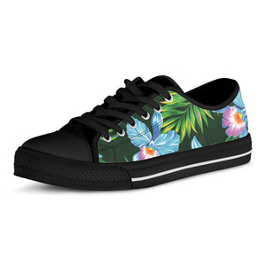 Tropical Orchid Flower Pattern Print Black Low Top Sneakers